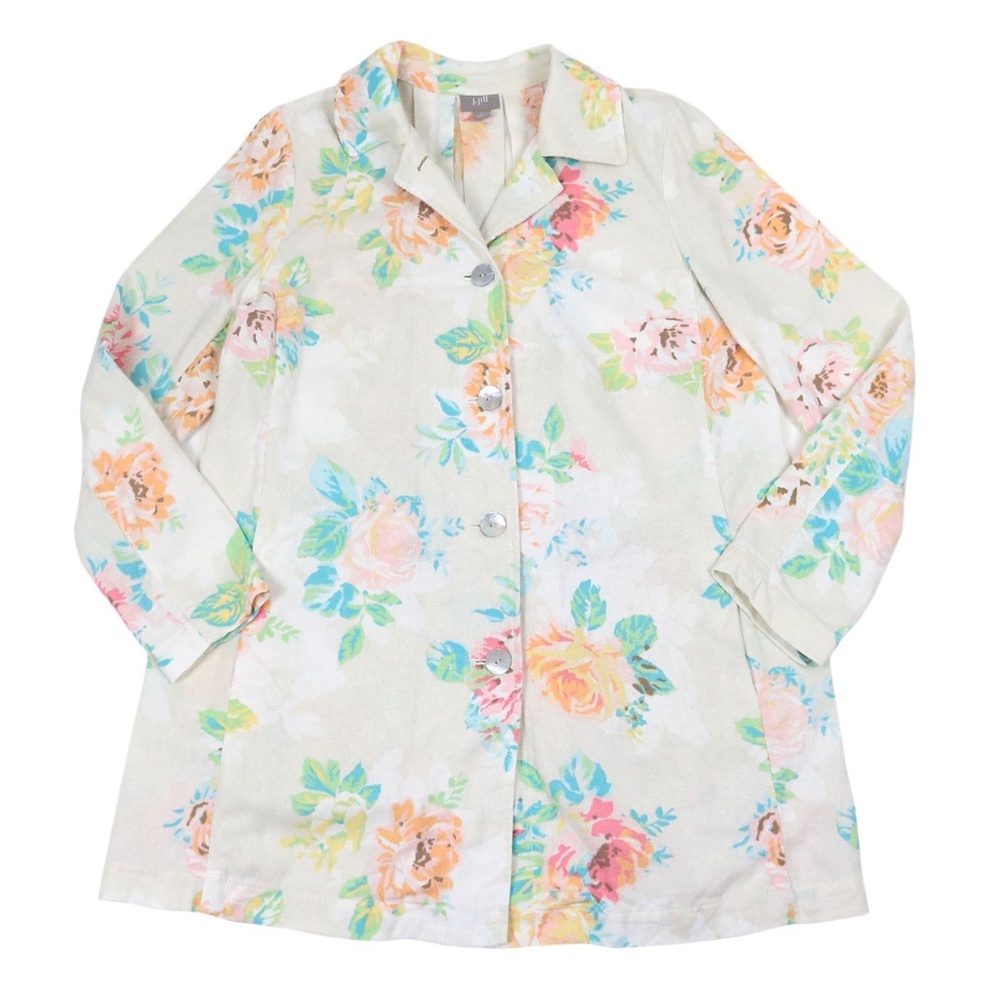 J Jill Women's Size Small Linen Blend Floral Pleated Long Jacket Pockets Boho - Picture 2 of 16